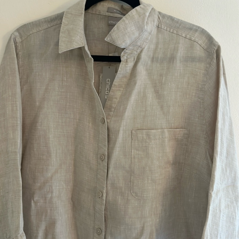 100% linen Chico's Light Tan No-Iron Blouse Womens 3.5 large